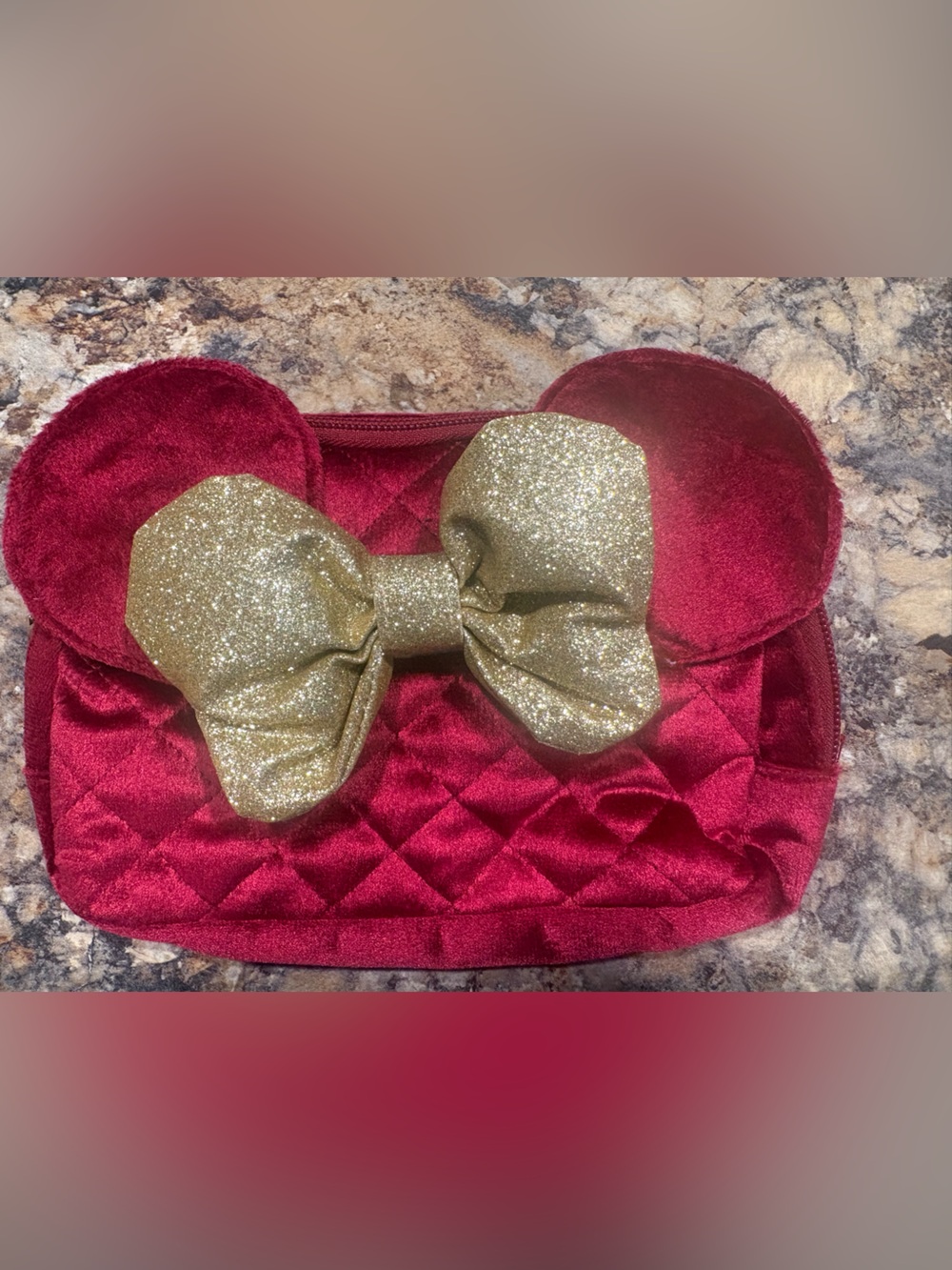 Red Velvet Minnie-Ear waistband bag with Gold Glitter Bow